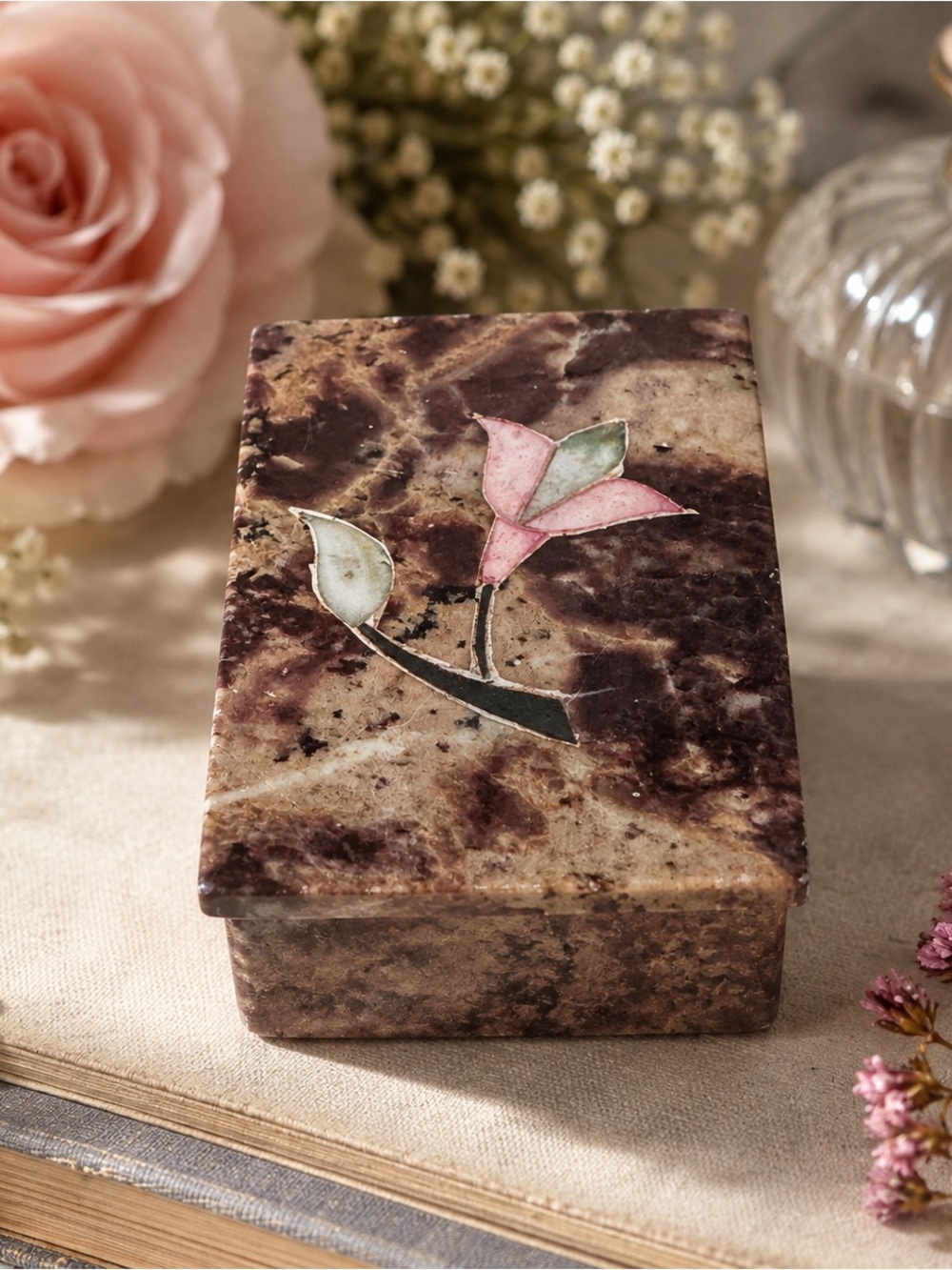 Vintage Soapstone Floral Trinket Box Hand Carved India Stone Jewelry Keepsake